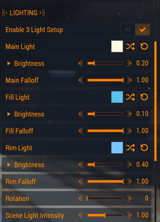 Panneau Captura Lighting : Enable 3 Light Setup avec Main, Fill, Rim, Rotation et Scene Light Intensity.