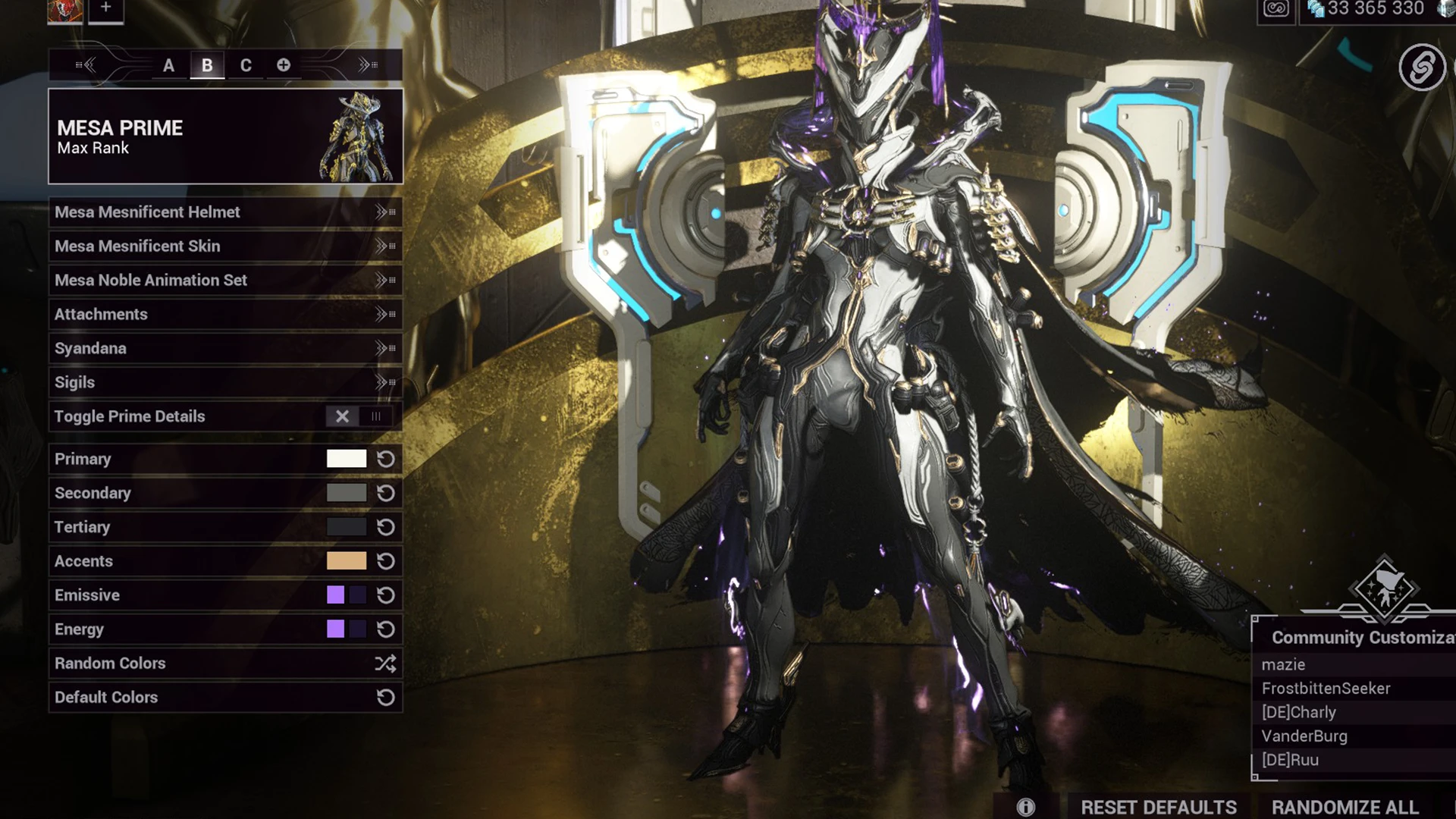 Fashion Frame Mesa Prime using the Mesa Mesnificent skin and Syandana Nulwarden (Balayée par le Néant) syandana